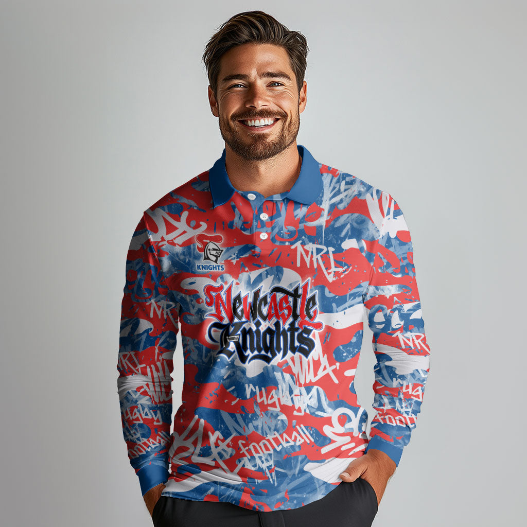 Newcastle Knights Rugby Long Sleeve Polo Shirt Graffiti Typography Urban Camo Abstract Street Style