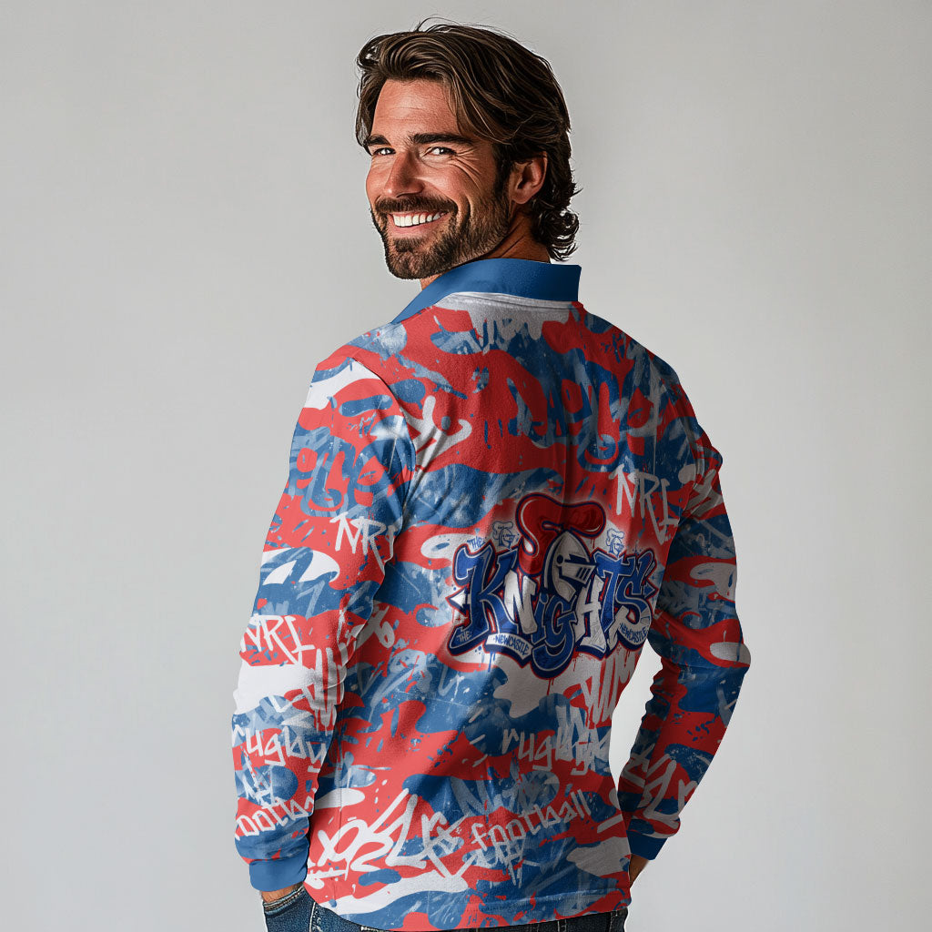 Newcastle Knights Rugby Long Sleeve Polo Shirt Graffiti Typography Urban Camo Abstract Street Style