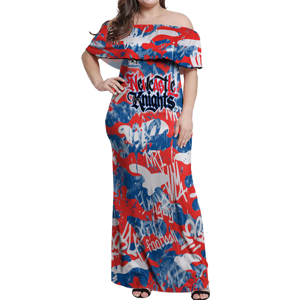 Newcastle Knights Rugby Off Shoulder Maxi Dress Graffiti Typography Urban Camo Abstract Street Style