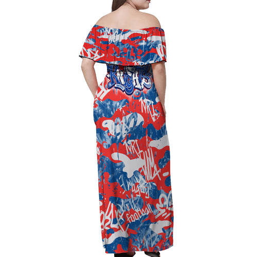 Newcastle Knights Rugby Off Shoulder Maxi Dress Graffiti Typography Urban Camo Abstract Street Style