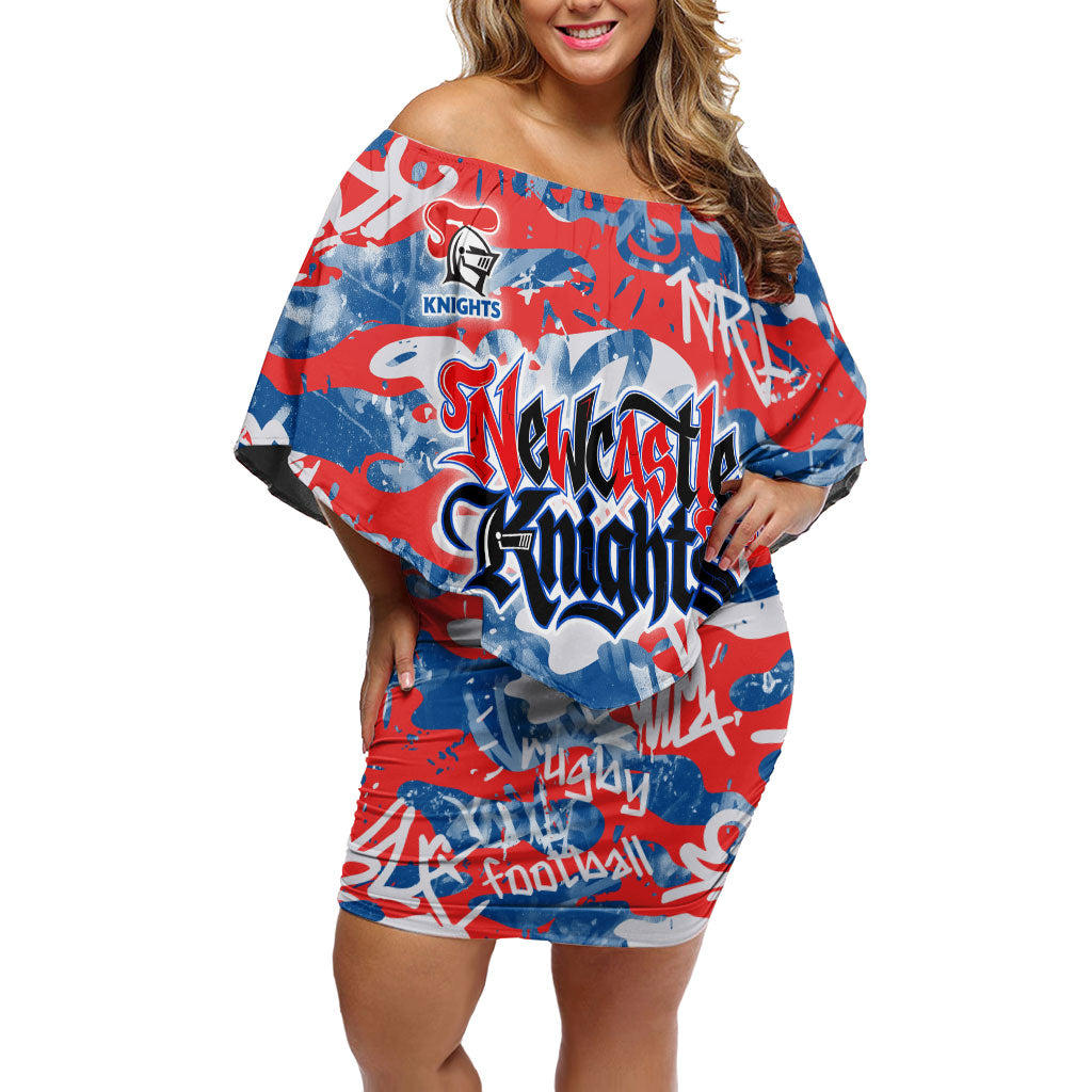 Newcastle Knights Rugby Off Shoulder Short Dress Graffiti Typography Urban Camo Abstract Street Style