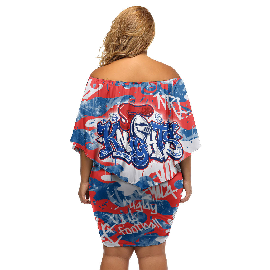 Newcastle Knights Rugby Off Shoulder Short Dress Graffiti Typography Urban Camo Abstract Street Style