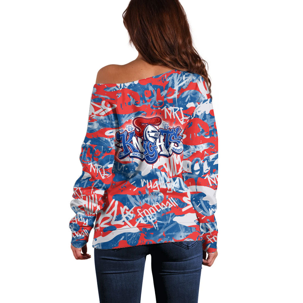 Newcastle Knights Rugby Off Shoulder Sweater Graffiti Typography Urban Camo Abstract Street Style