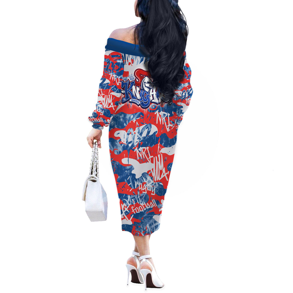 Newcastle Knights Rugby Off The Shoulder Long Sleeve Dress Graffiti Typography Urban Camo Abstract Street Style