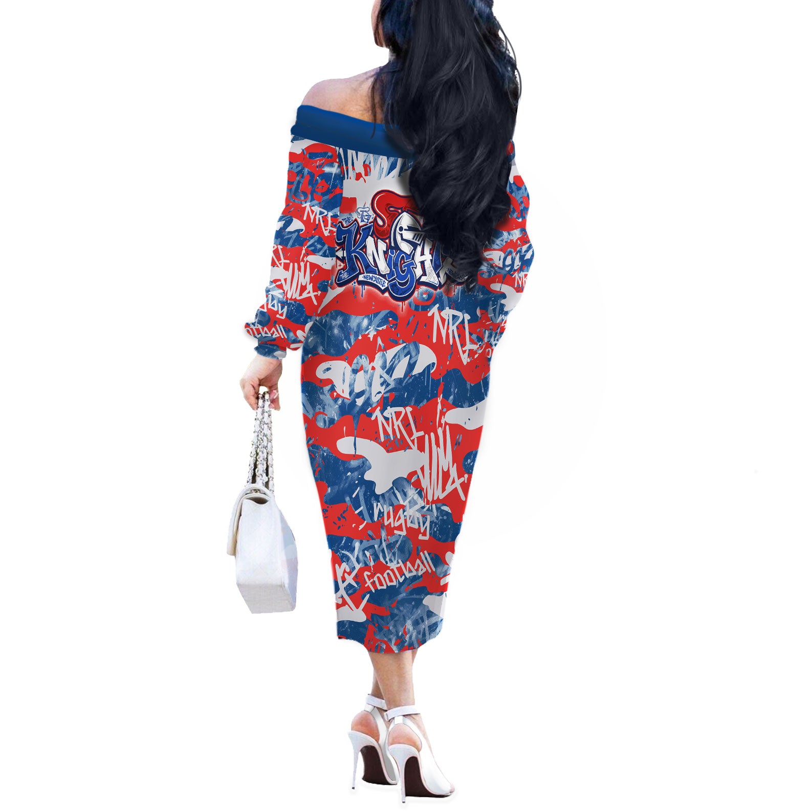 Newcastle Knights Rugby Off The Shoulder Long Sleeve Dress Graffiti Typography Urban Camo Abstract Street Style
