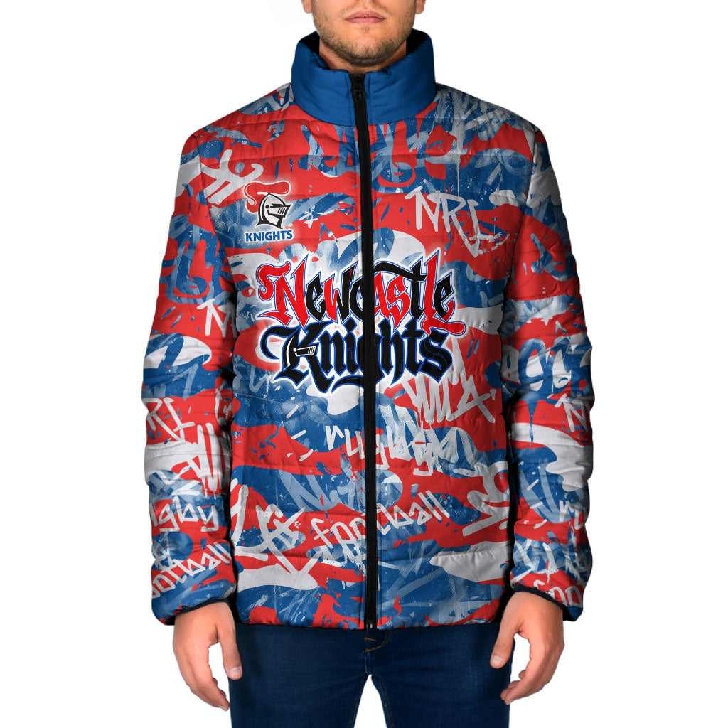 Newcastle Knights Rugby Padded Jacket Graffiti Typography Urban Camo Abstract Street Style