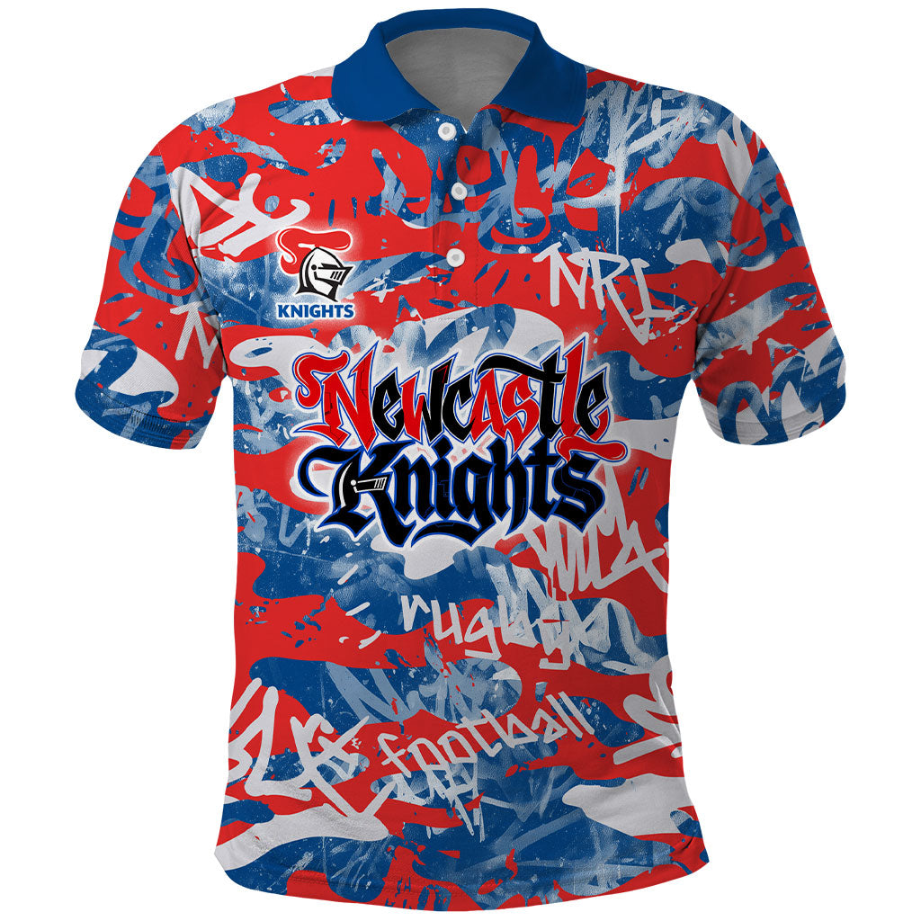Newcastle Knights Rugby Polo Shirt Graffiti Typography Urban Camo Abstract Street Style