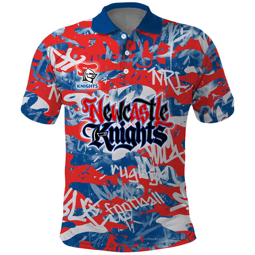 Newcastle Knights Rugby Polo Shirt Graffiti Typography Urban Camo Abstract Street Style