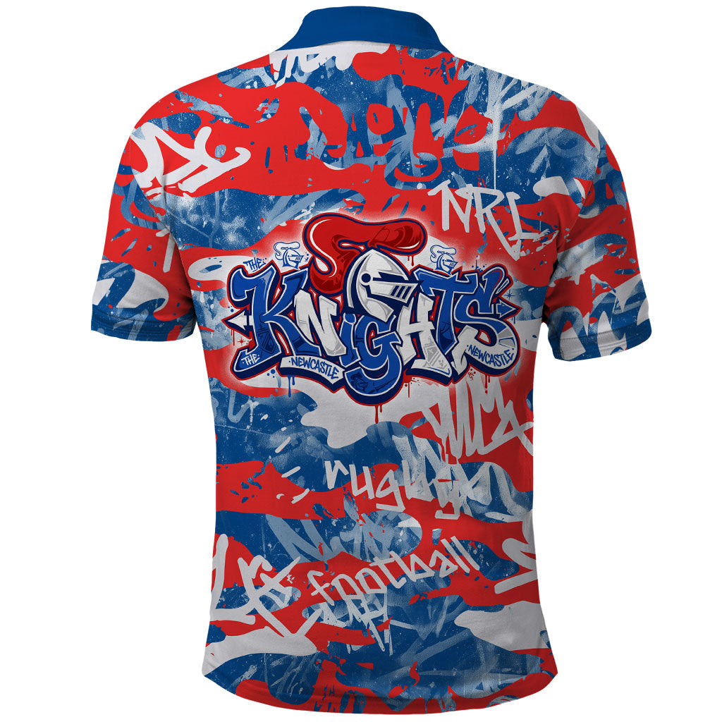 Newcastle Knights Rugby Polo Shirt Graffiti Typography Urban Camo Abstract Street Style