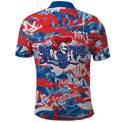 Newcastle Knights Rugby Polo Shirt Graffiti Typography Urban Camo Abstract Street Style
