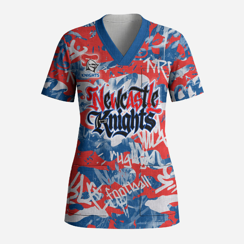 Newcastle Knights Rugby Scrub Top Graffiti Typography Urban Camo Abstract Street Style