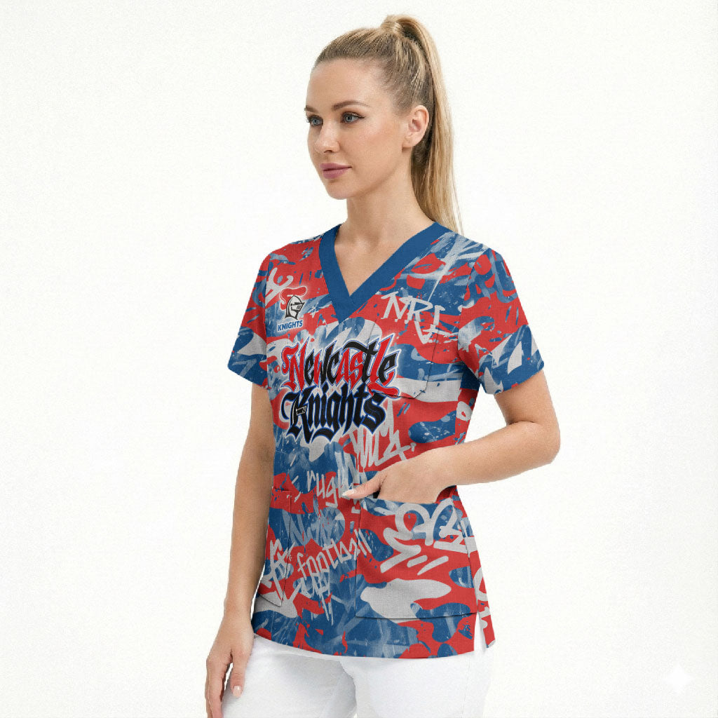 Newcastle Knights Rugby Scrub Top Graffiti Typography Urban Camo Abstract Street Style