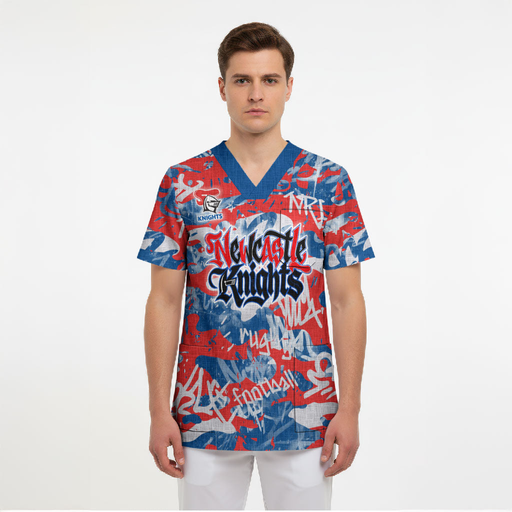 Newcastle Knights Rugby Scrub Top Graffiti Typography Urban Camo Abstract Street Style