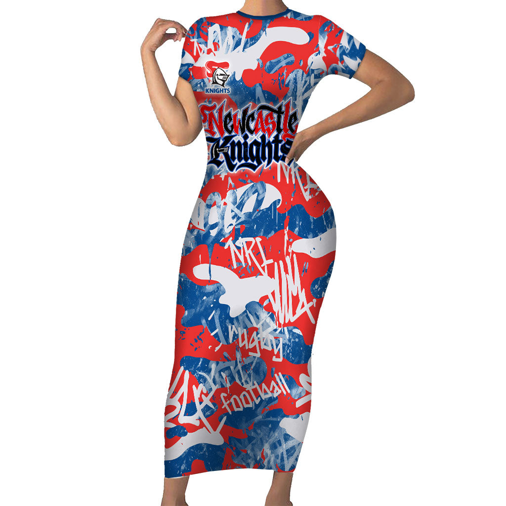 Newcastle Knights Rugby Short Sleeve Bodycon Dress Graffiti Typography Urban Camo Abstract Street Style