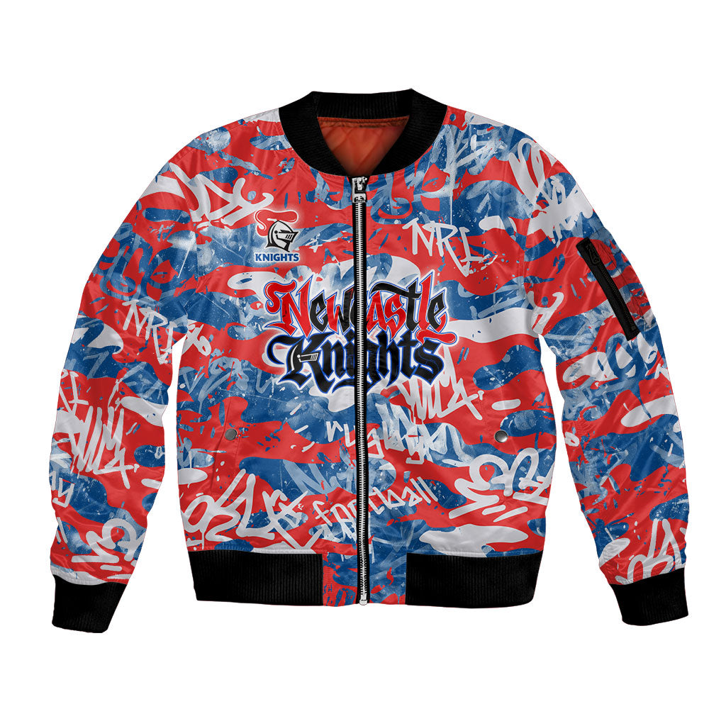 Newcastle Knights Rugby Sleeve Zip Bomber Jacket Graffiti Typography Urban Camo Abstract Street Style