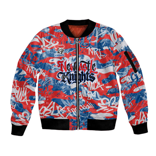 Newcastle Knights Rugby Sleeve Zip Bomber Jacket Graffiti Typography Urban Camo Abstract Street Style