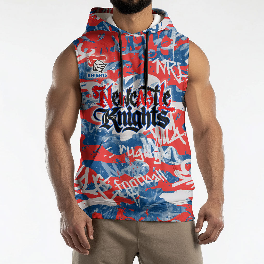 Newcastle Knights Rugby Sleeveless Hoodie Graffiti Typography Urban Camo Abstract Street Style