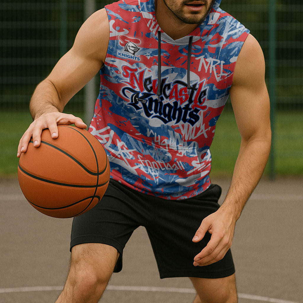 Newcastle Knights Rugby Sleeveless Hoodie Graffiti Typography Urban Camo Abstract Street Style