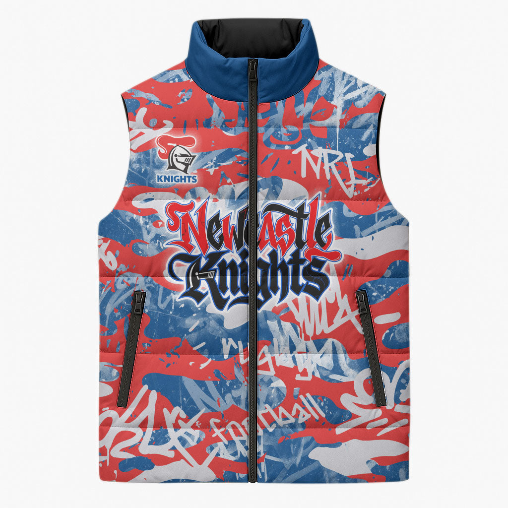 Newcastle Knights Rugby Sleeveless Puffer Jacket Graffiti Typography Urban Camo Abstract Street Style