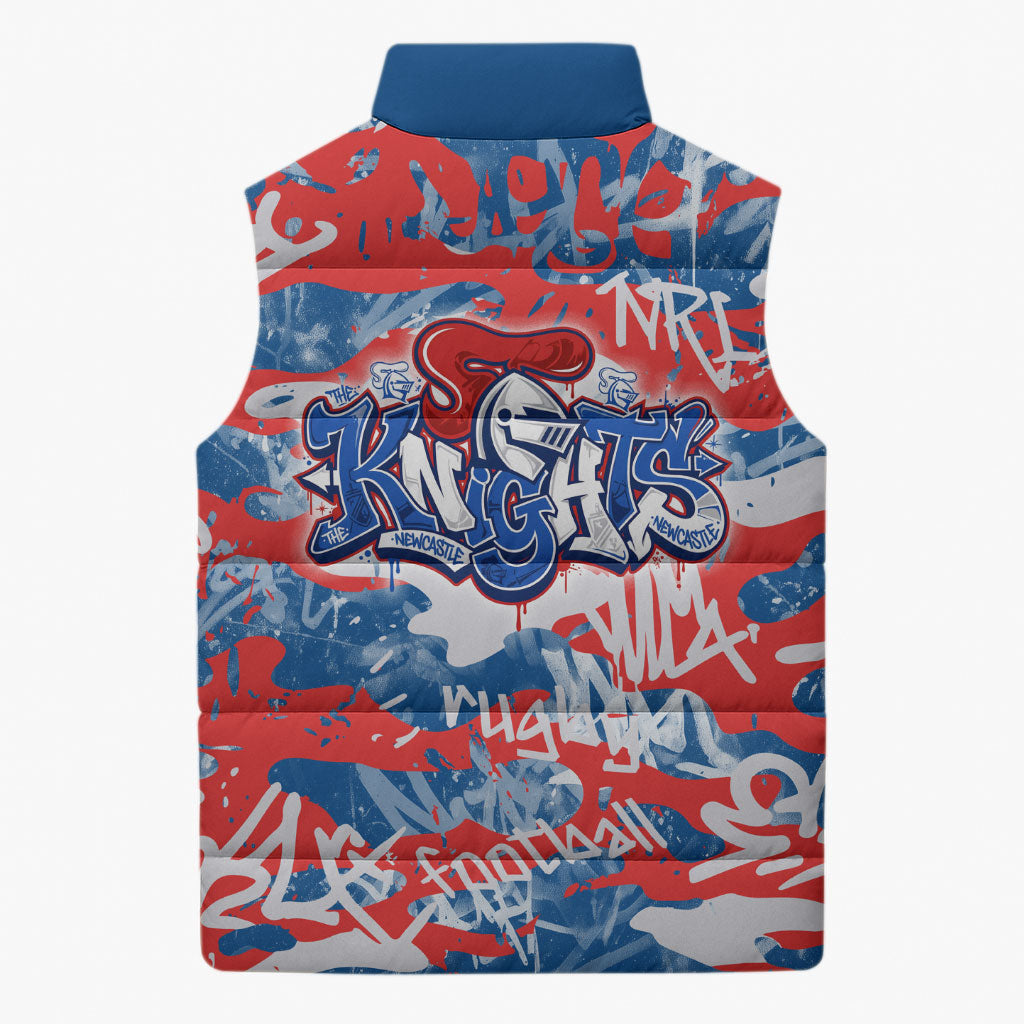 Newcastle Knights Rugby Sleeveless Puffer Jacket Graffiti Typography Urban Camo Abstract Street Style