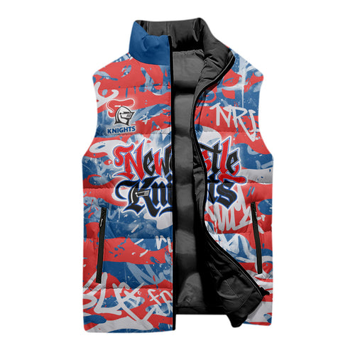 Newcastle Knights Rugby Sleeveless Puffer Jacket Graffiti Typography Urban Camo Abstract Street Style
