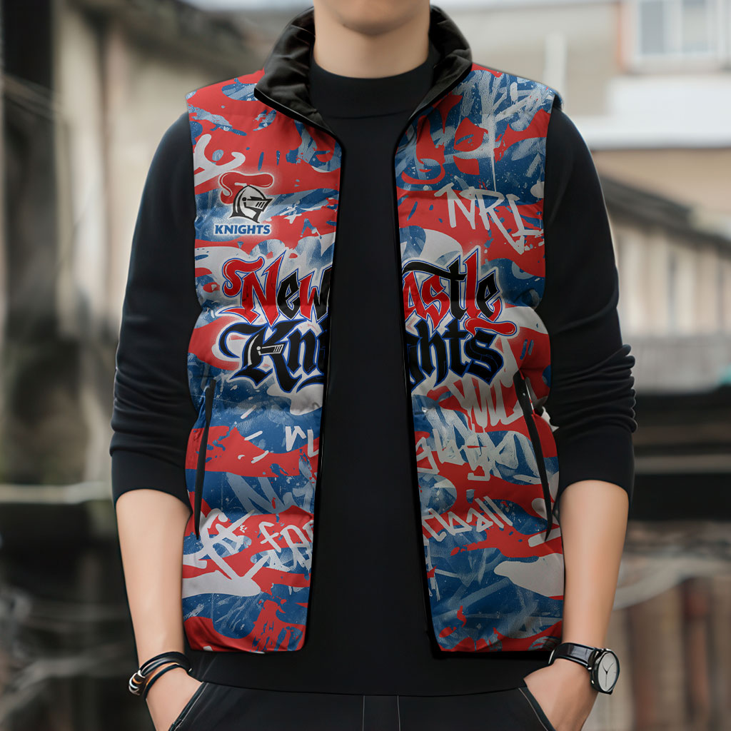 Newcastle Knights Rugby Sleeveless Puffer Jacket Graffiti Typography Urban Camo Abstract Street Style