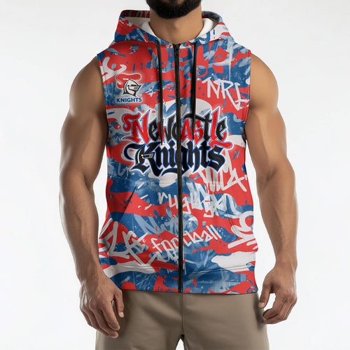 Newcastle Knights Rugby Sleeveless Zip Hoodie Graffiti Typography Urban Camo Abstract Street Style