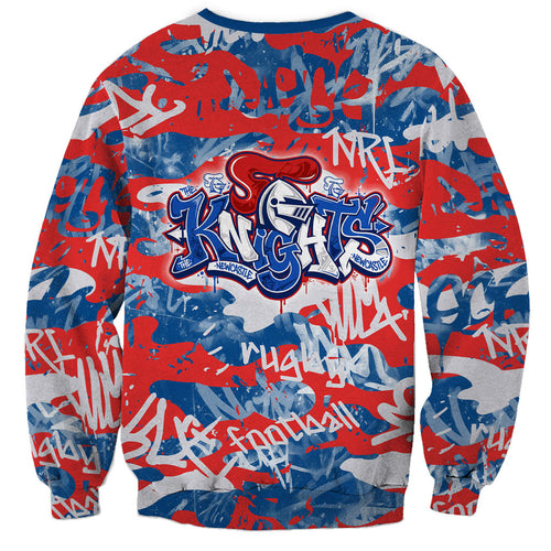 Newcastle Knights Rugby Sweatshirt Graffiti Typography Urban Camo Abstract Street Style