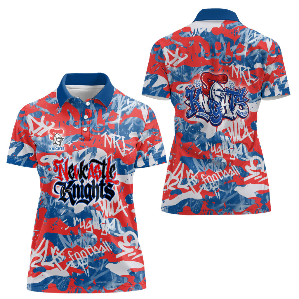 Newcastle Knights Rugby Women Polo Shirt Graffiti Typography Urban Camo Abstract Street Style