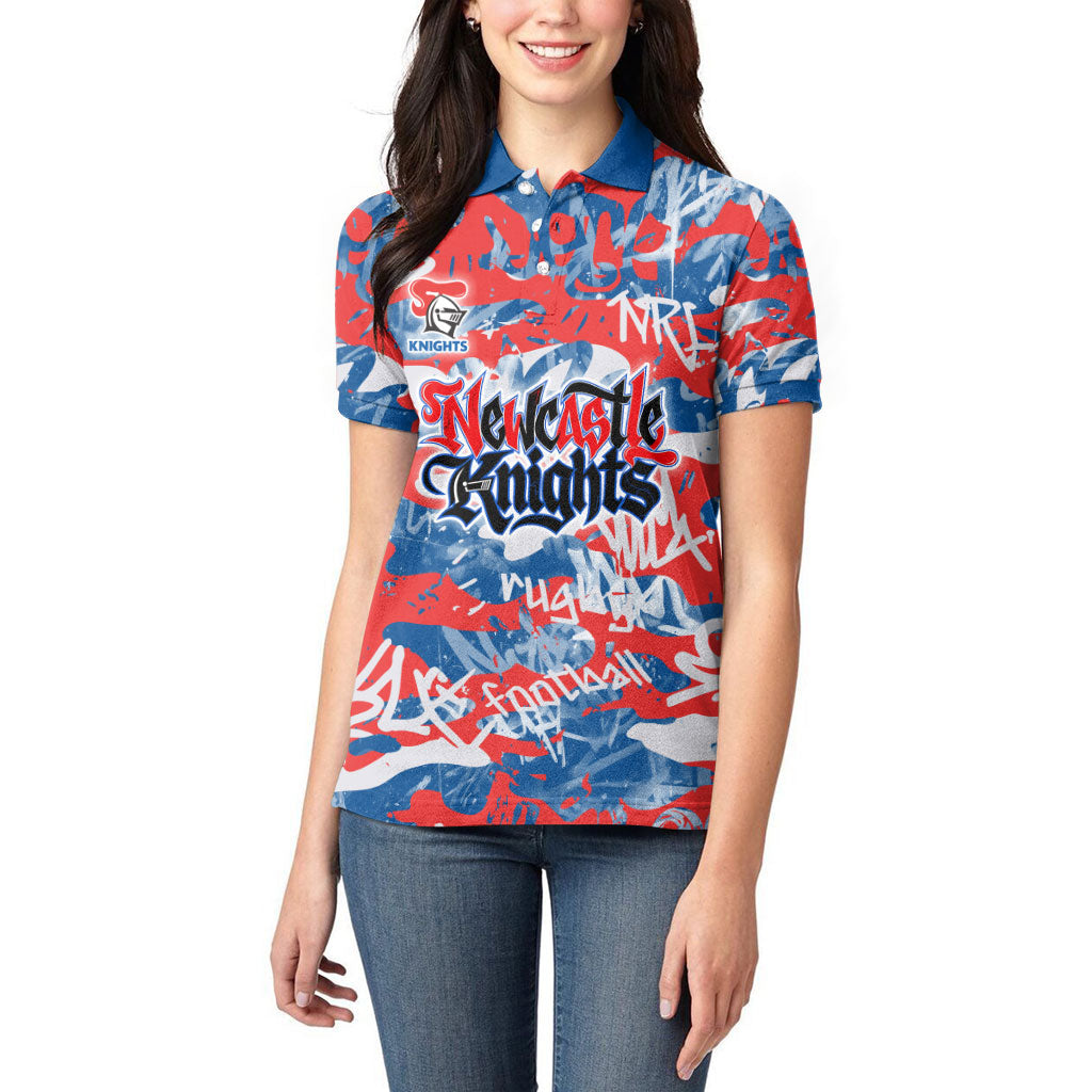 Newcastle Knights Rugby Women Polo Shirt Graffiti Typography Urban Camo Abstract Street Style