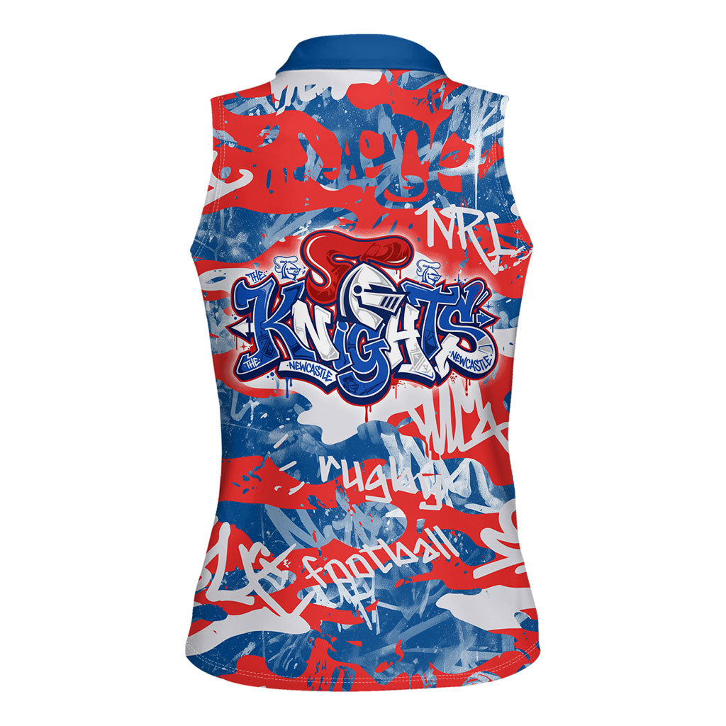 Newcastle Knights Rugby Women Sleeveless Polo Shirt Graffiti Typography Urban Camo Abstract Street Style