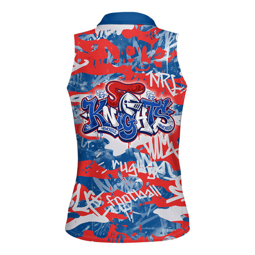 Newcastle Knights Rugby Women Sleeveless Polo Shirt Graffiti Typography Urban Camo Abstract Street Style