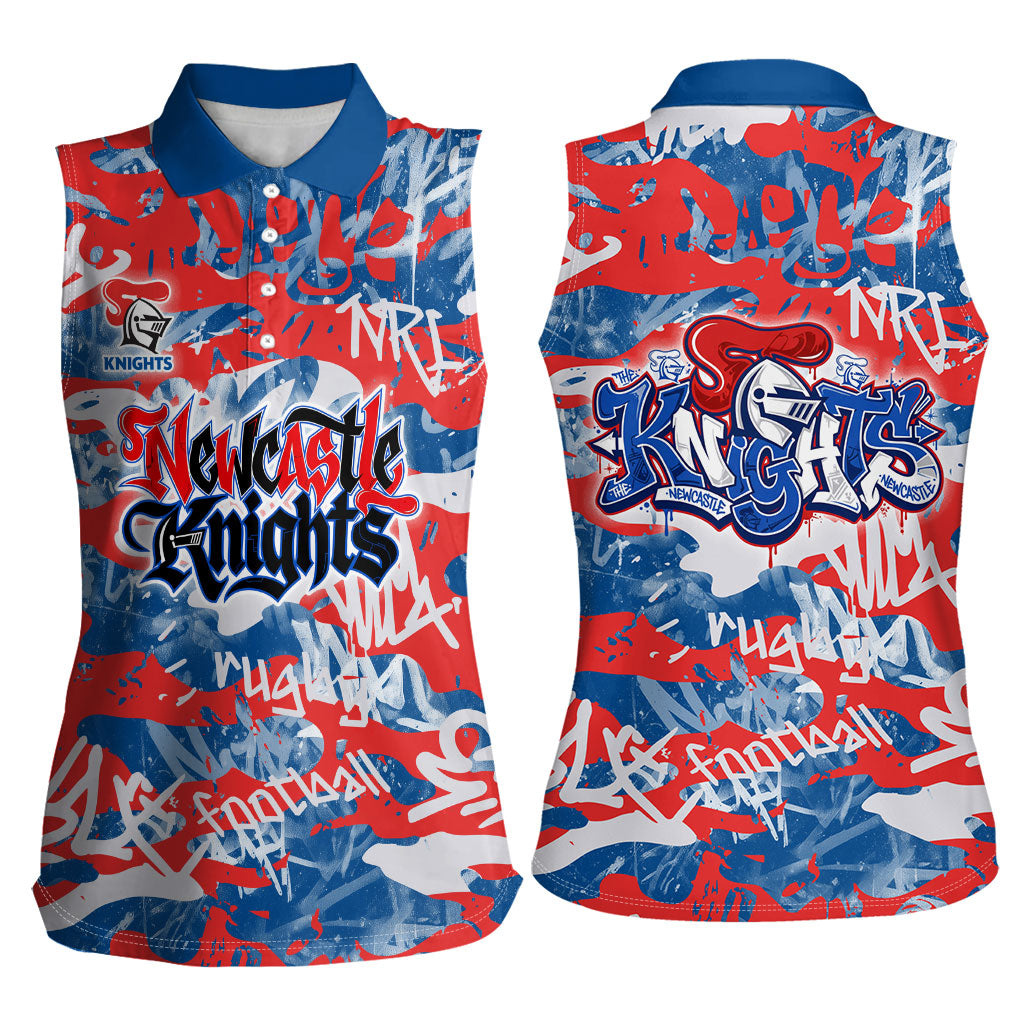 Newcastle Knights Rugby Women Sleeveless Polo Shirt Graffiti Typography Urban Camo Abstract Street Style