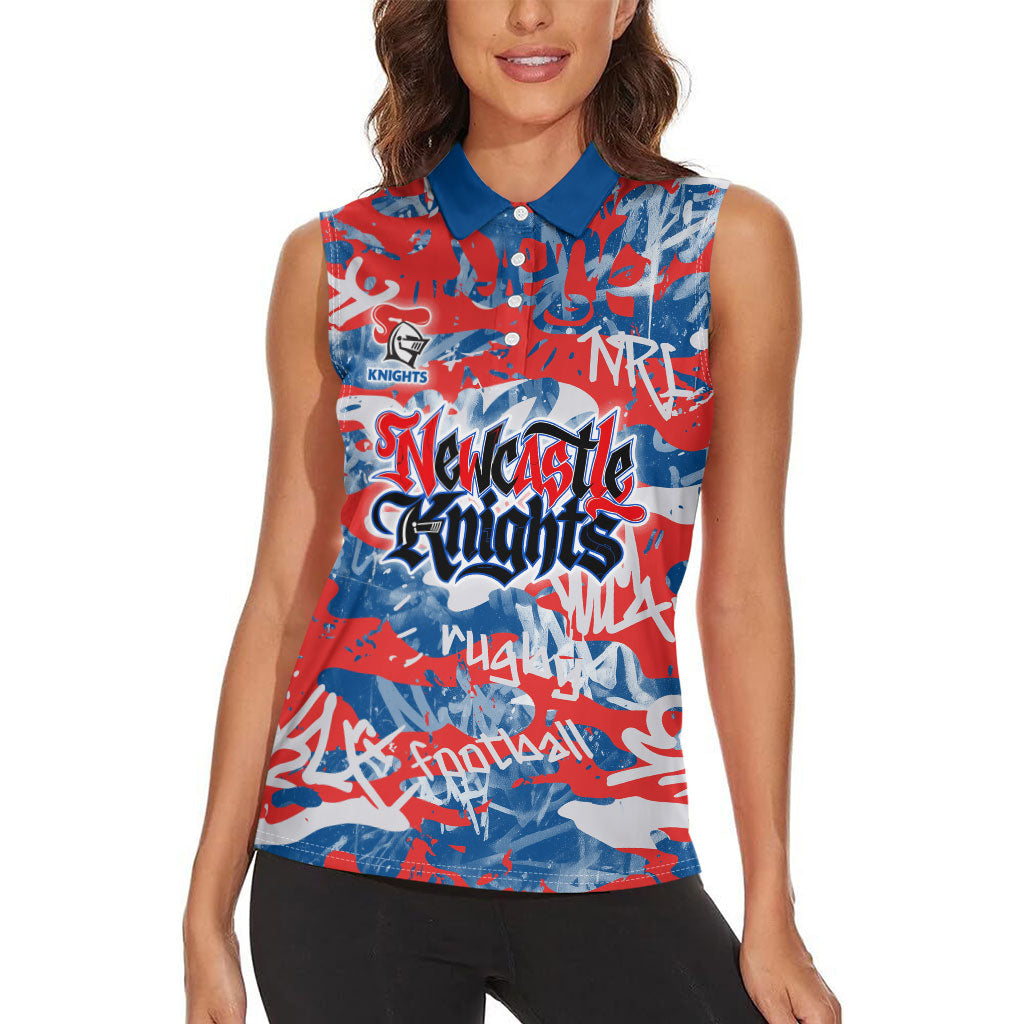 Newcastle Knights Rugby Women Sleeveless Polo Shirt Graffiti Typography Urban Camo Abstract Street Style