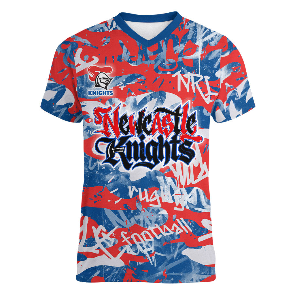 Newcastle Knights Rugby Women V-Neck T-Shirt Graffiti Typography Urban Camo Abstract Street Style