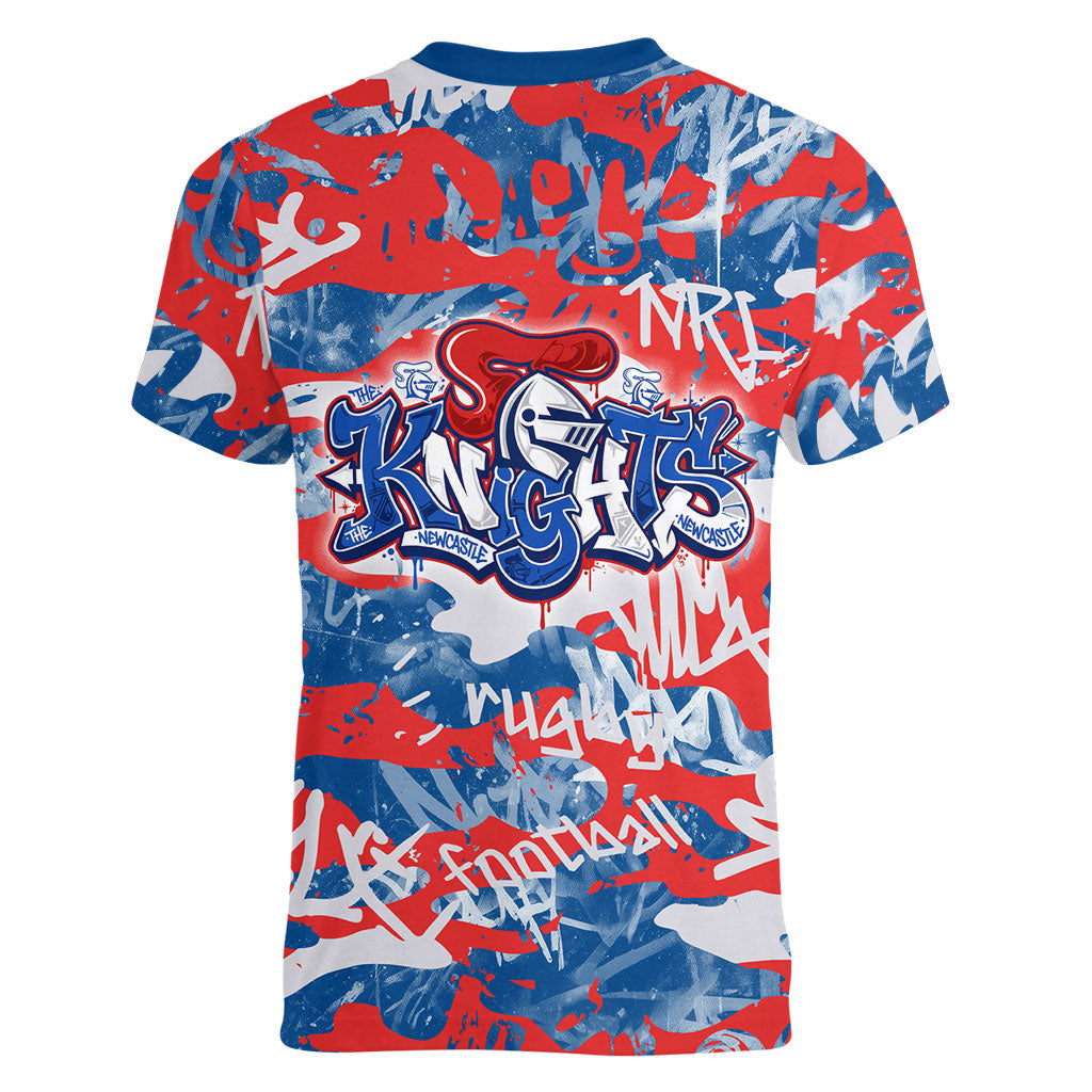 Newcastle Knights Rugby Women V-Neck T-Shirt Graffiti Typography Urban Camo Abstract Street Style
