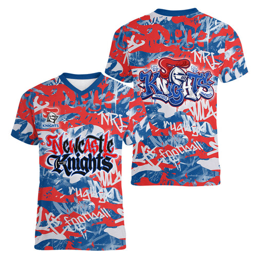 Newcastle Knights Rugby Women V-Neck T-Shirt Graffiti Typography Urban Camo Abstract Street Style