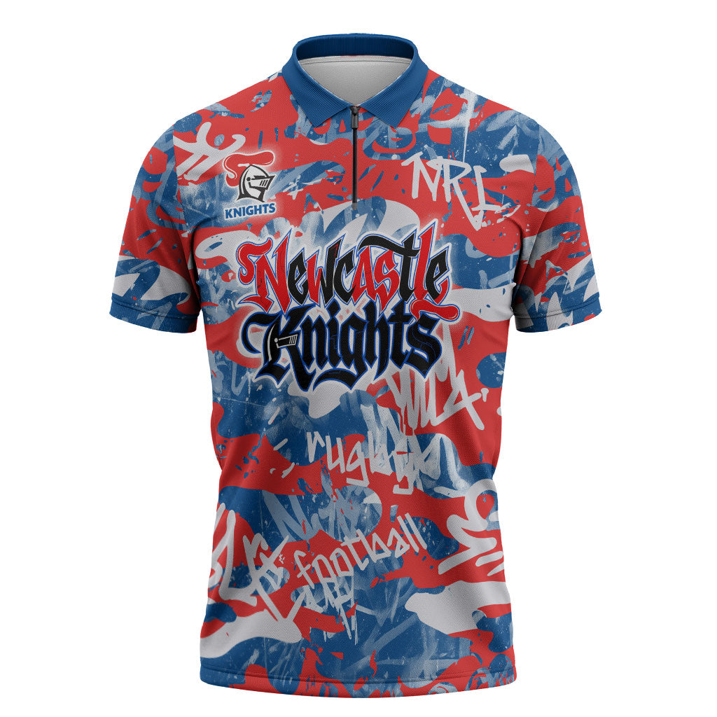 Newcastle Knights Rugby Zipper Polo Shirt Graffiti Typography Urban Camo Abstract Street Style