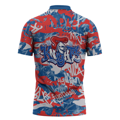 Newcastle Knights Rugby Zipper Polo Shirt Graffiti Typography Urban Camo Abstract Street Style