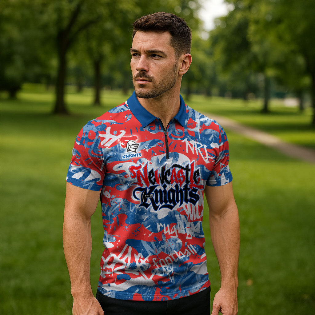 Newcastle Knights Rugby Zipper Polo Shirt Graffiti Typography Urban Camo Abstract Street Style