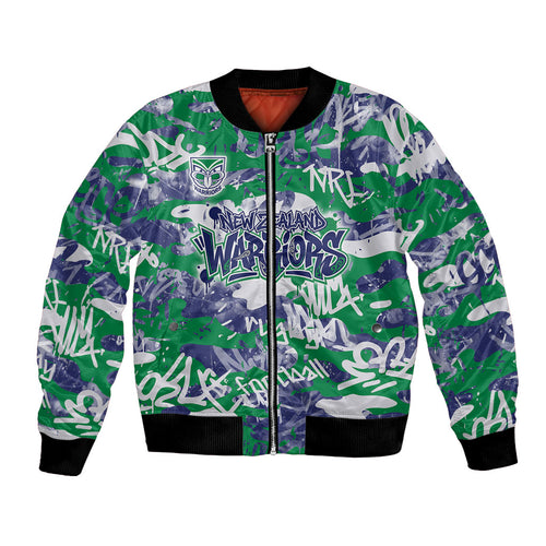 New Zealand Warriors Rugby Bomber Jacket Graffiti Typography Urban Camo Abstract Street Style