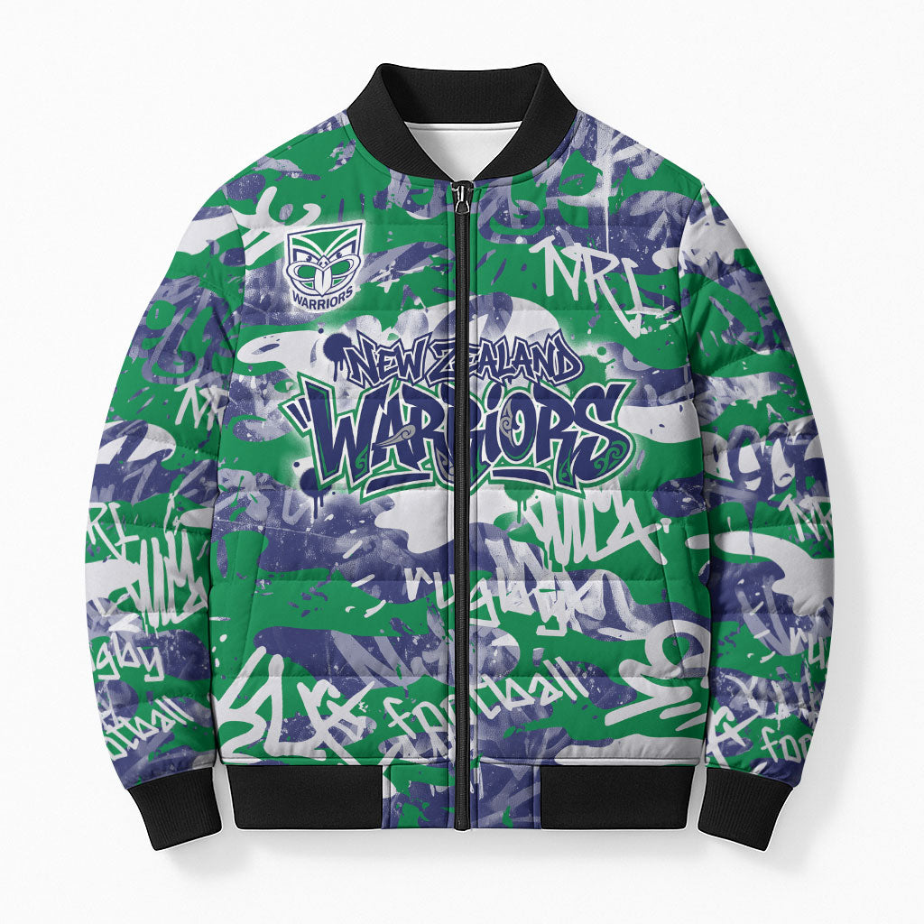 New Zealand Warriors Rugby Bomber Puffer Jacket Graffiti Typography Urban Camo Abstract Street Style