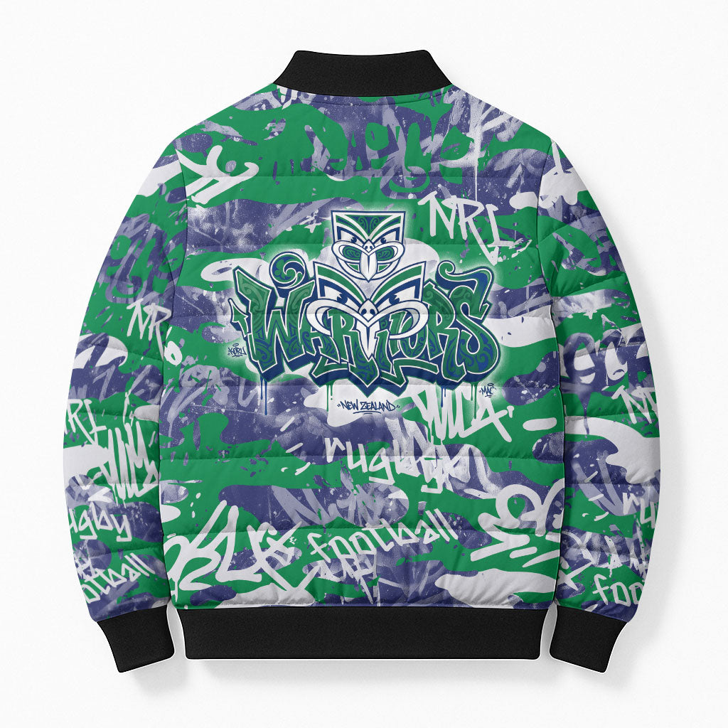 New Zealand Warriors Rugby Bomber Puffer Jacket Graffiti Typography Urban Camo Abstract Street Style