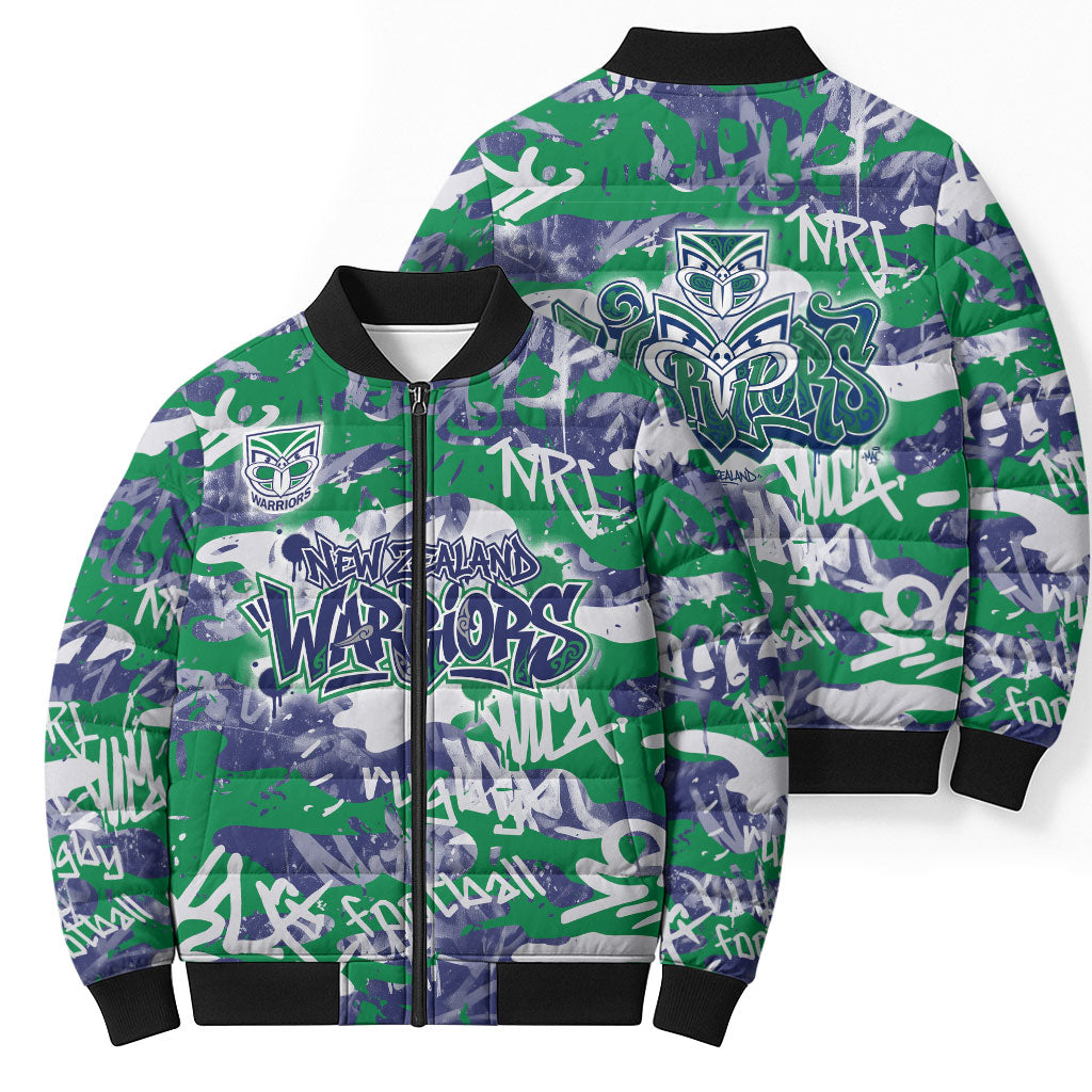 New Zealand Warriors Rugby Bomber Puffer Jacket Graffiti Typography Urban Camo Abstract Street Style