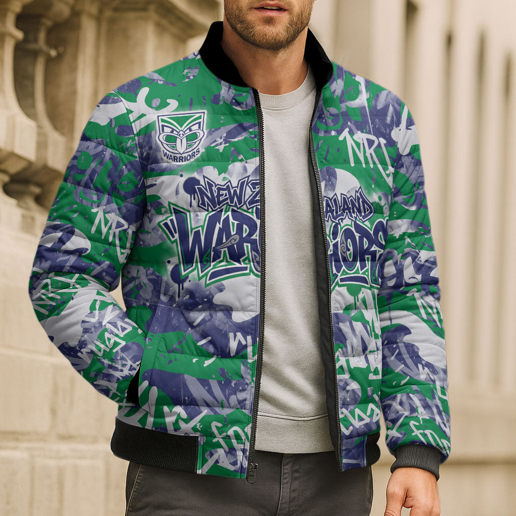 New Zealand Warriors Rugby Bomber Puffer Jacket Graffiti Typography Urban Camo Abstract Street Style