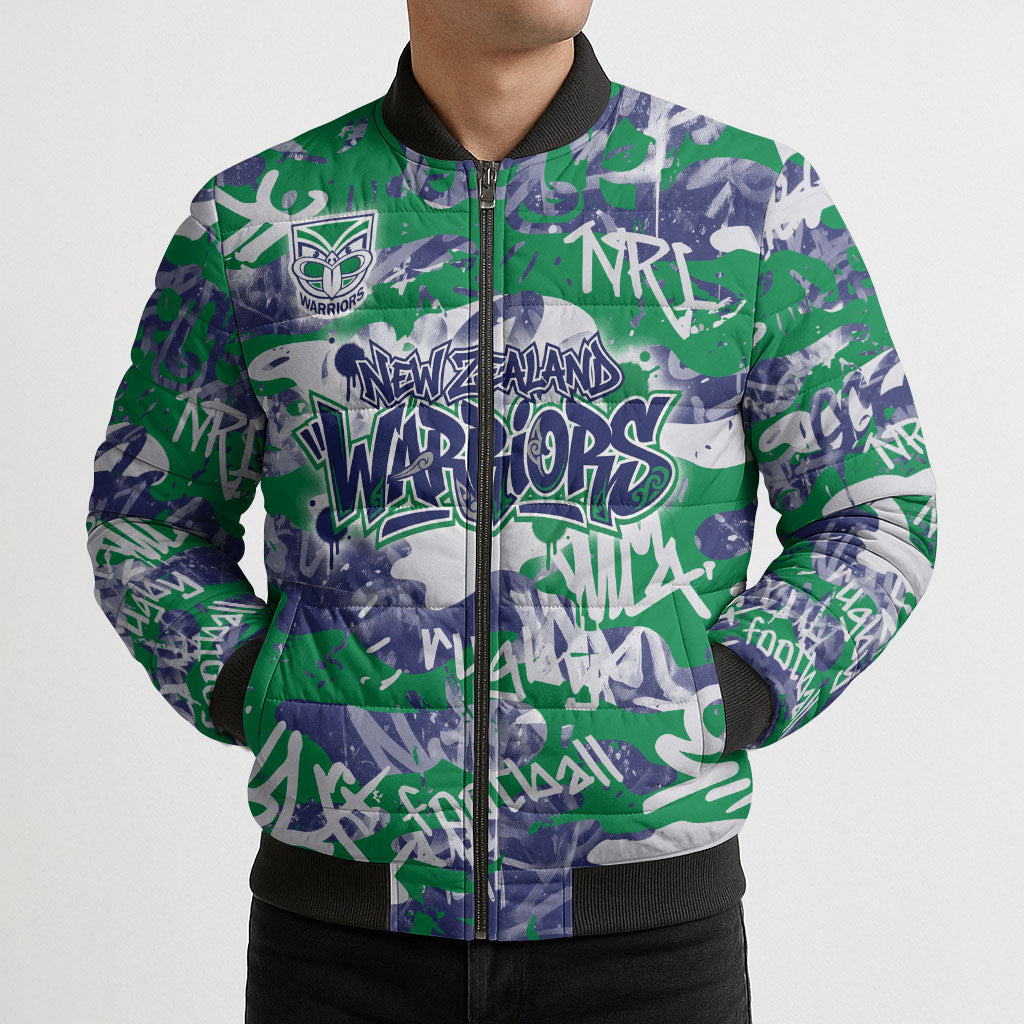 New Zealand Warriors Rugby Bomber Puffer Jacket Graffiti Typography Urban Camo Abstract Street Style