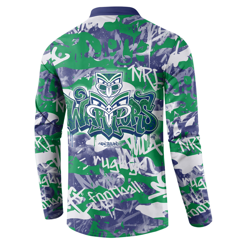 New Zealand Warriors Rugby Button Sweatshirt Graffiti Typography Urban Camo Abstract Street Style