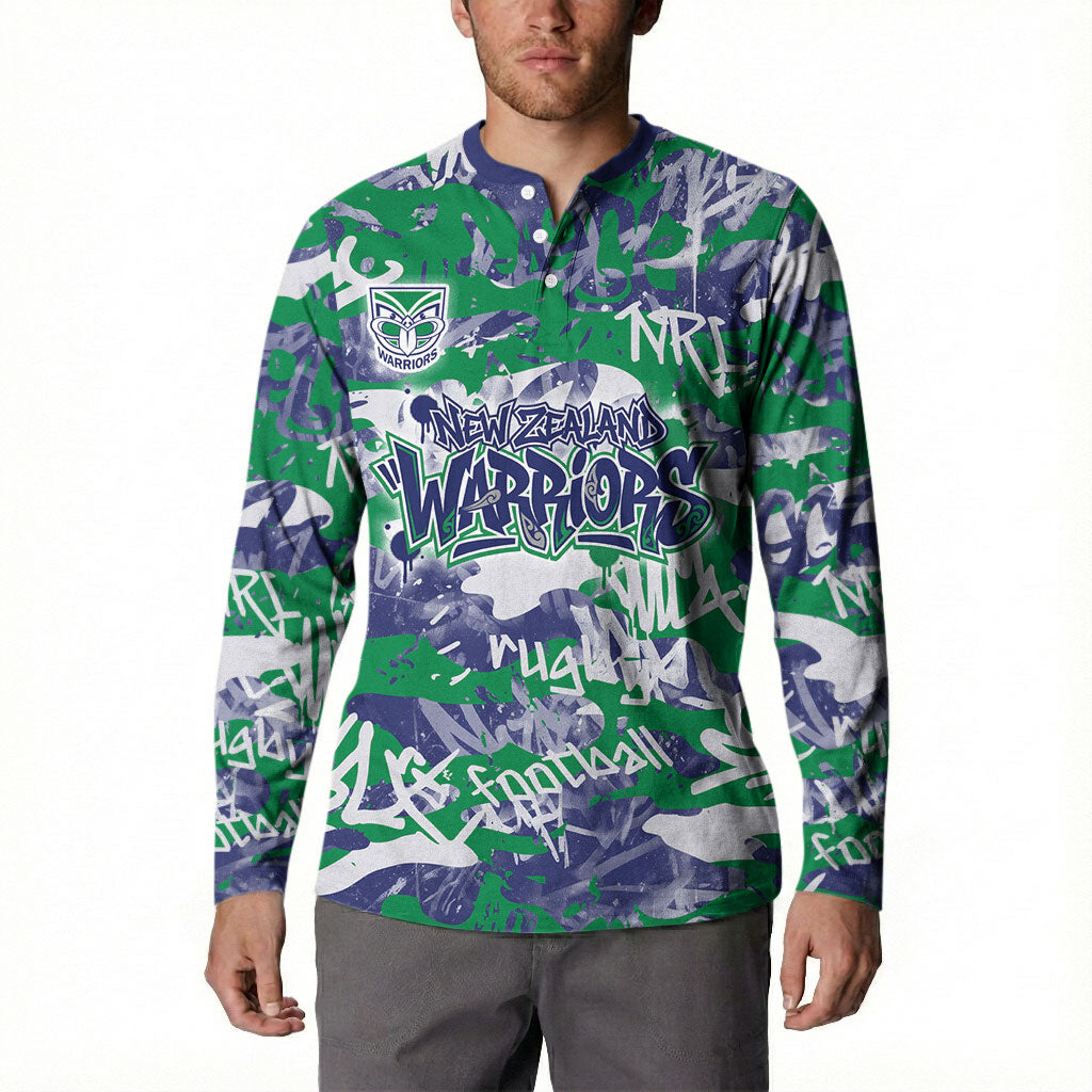 New Zealand Warriors Rugby Button Sweatshirt Graffiti Typography Urban Camo Abstract Street Style