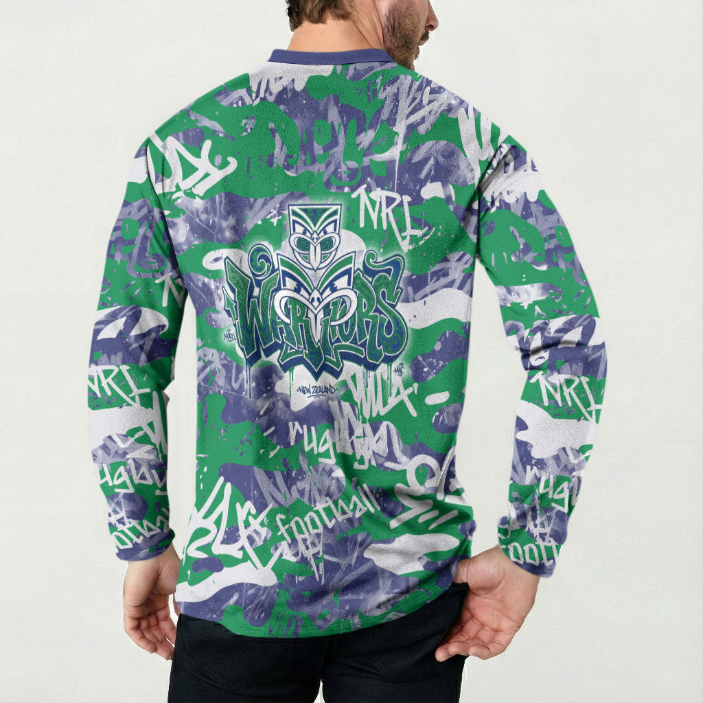 New Zealand Warriors Rugby Button Sweatshirt Graffiti Typography Urban Camo Abstract Street Style