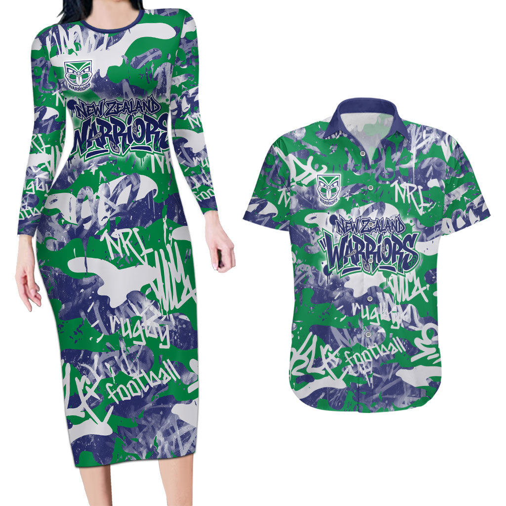 New Zealand Warriors Rugby Couples Matching Long Sleeve Bodycon Dress and Hawaiian Shirt Graffiti Typography Urban Camo Abstract Street Style